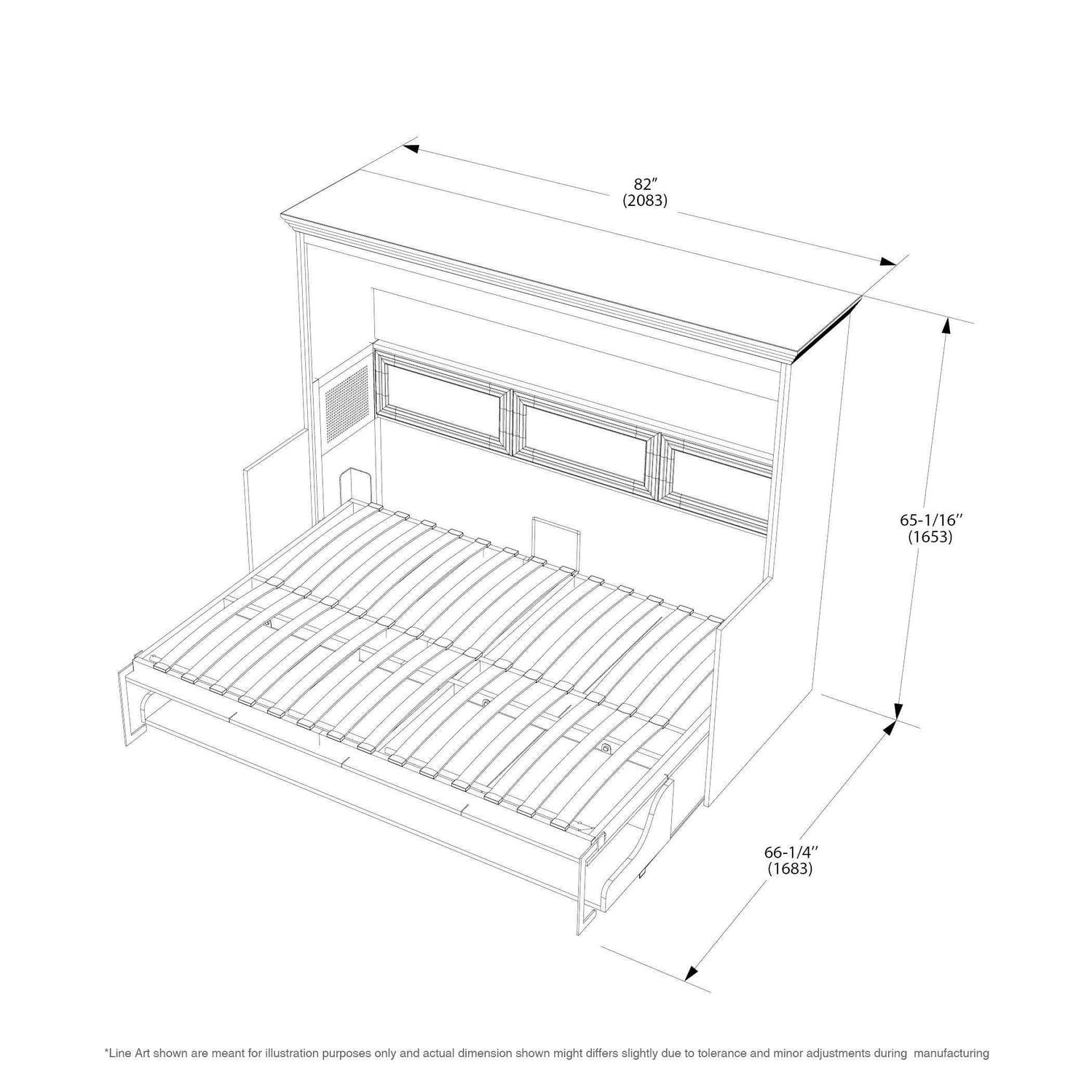 Line drawing of a Murphy bed with desk, showing dimensions in inches and centimeters