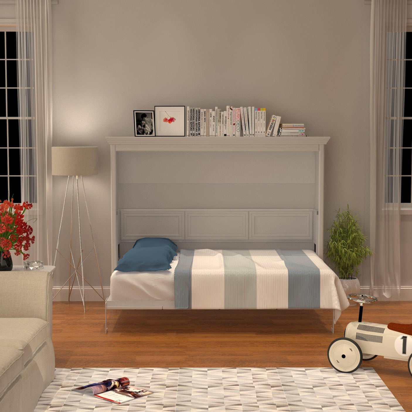 Leto Muro White, Horizontal Full Size Murphy Bed with Desk and Headboard - Open View Headboard