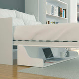 Full Murphy bed with built-in desk, laptop, mug and bookshelf in modern white bedroom