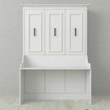 White vertical Murphy bed with built-in desk against a light gray wall, modern design