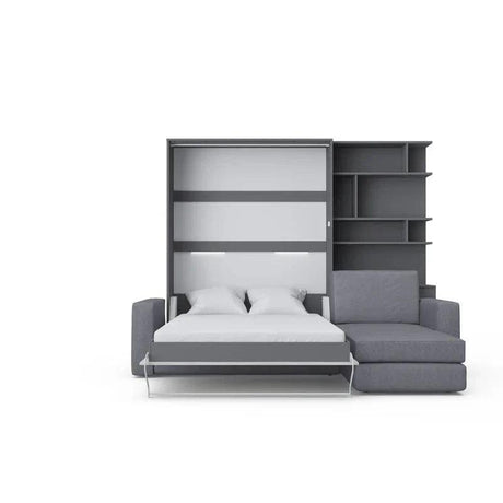 Invento Vertical European Full XL Murphy Bed with Bookcase in White Monaco and Grey and Sectional Sofa in Grey - Bedroom Depot USA