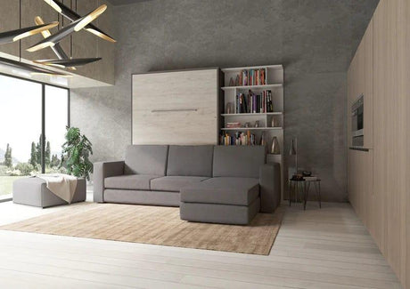 Invento Vertical European Full XL Murphy Bed with Bookcase in White Monaco and Grey and Sectional Sofa in Grey - Bedroom Depot USA