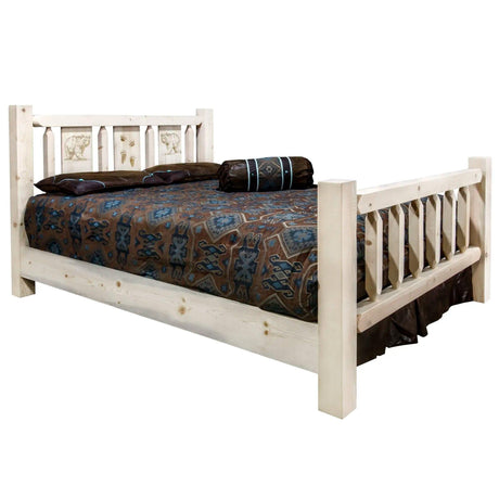 Homestead Collection King Bed w/ Laser Engraved, Clear Lacquer Finish - Bedroom Depot USA