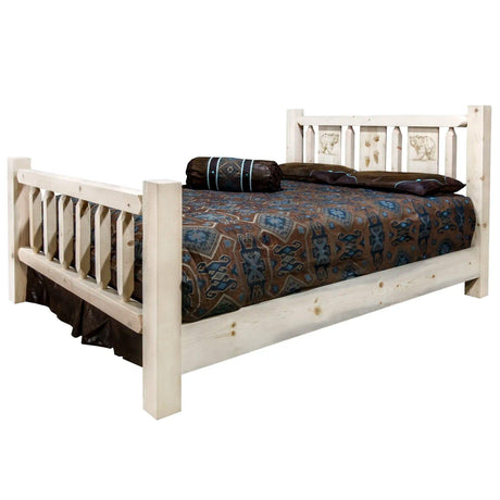 Homestead Collection King Bed w/ Laser Engraved, Clear Lacquer Finish - Bedroom Depot USA