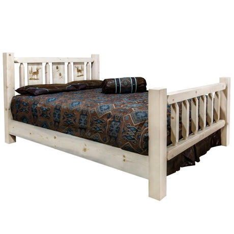 Homestead Collection King Bed w/ Laser Engraved, Clear Lacquer Finish - Bedroom Depot USA