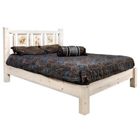 Homestead Collection King Platform Bed w/ Laser Engraved, Clear Lacquer Finish - Bedroom Depot USA