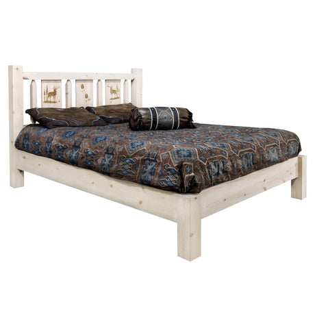 Homestead Collection King Platform Bed w/ Laser Engraved, Clear Lacquer Finish - Bedroom Depot USA