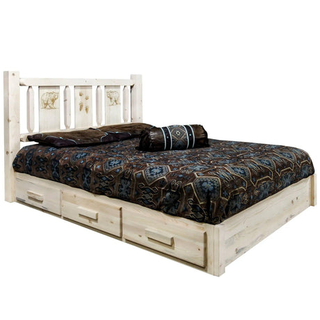 Homestead Collection Platform Bed w/ Storage, King w/ Laser Engraved, Clear Lacquer Finish - Bedroom Depot USA