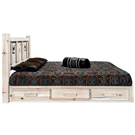 Homestead Collection Platform Bed w/ Storage, King w/ Laser Engraved, Clear Lacquer Finish - Bedroom Depot USA