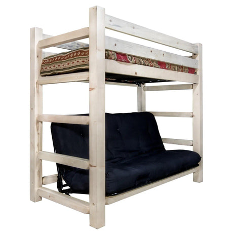 Homestead Collection Twin Bunk Bed over Full Futon Frame w/ Mattress, Clear Lacquer Finish MWHCTWFMRV - Bedroom Depot USA