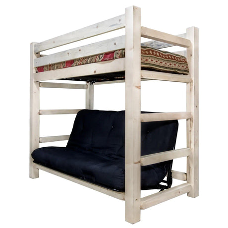 Homestead Collection Twin Bunk Bed over Full Futon Frame w/ Mattress, Clear Lacquer Finish MWHCTWFMRV - Bedroom Depot USA