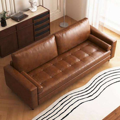 Snveil 80.31 in. Square Arm Faux Leather Rectangle Sofa 31.49 in. Depth Brown