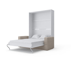 Invento Vertical European Full XL Murphy Bed in White with Loveseat Sofa in Beige - Bedroom Depot USA