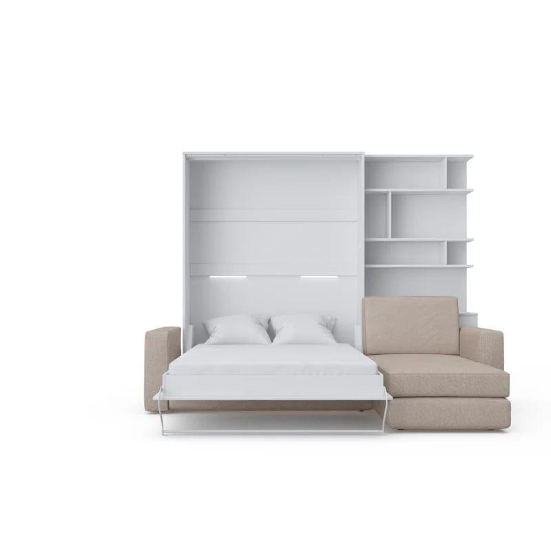 Invento Vertical European Full XL Murphy Bed with Bookcase in White and Sectional Sofa in Beige - Bedroom Depot USA