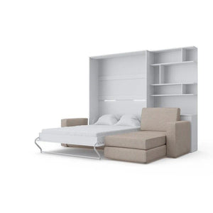 Invento Vertical European Full XL Murphy Bed with Bookcase in White and Sectional Sofa in Beige - Bedroom Depot USA