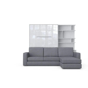Invento Vertical European Full XL Murphy Bed with Bookcase in White and Sectional Sofa in Grey - Bedroom Depot USA