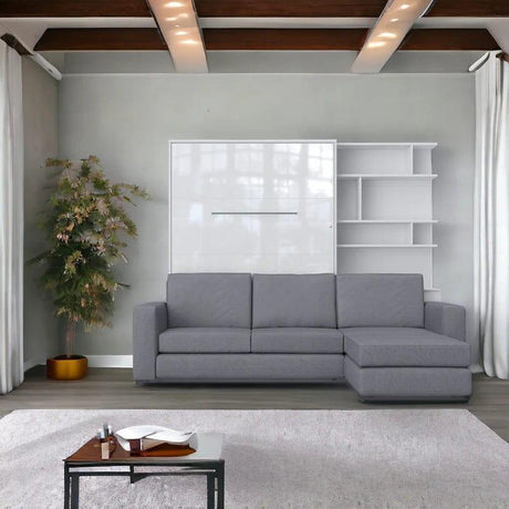 Invento Vertical European Full XL Murphy Bed with Bookcase in White and Sectional Sofa in Grey - Bedroom Depot USA