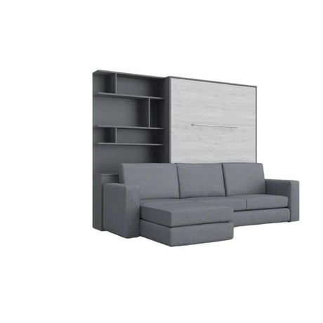 Invento Vertical European Full XL Murphy Bed with Bookcase in White Monaco and Grey and Sectional Sofa in Grey - Bedroom Depot USA