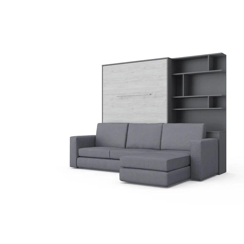 Invento Vertical European Full XL Murphy Bed with Bookcase in White Monaco and Grey and Sectional Sofa in Grey - Bedroom Depot USA