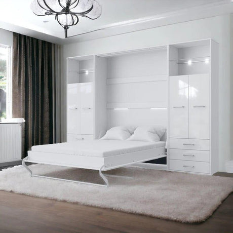 Invento Vertical European Full XL Murphy Bed with Double Dual Cabinets, Drawers, LED Lights - Bedroom Depot USA