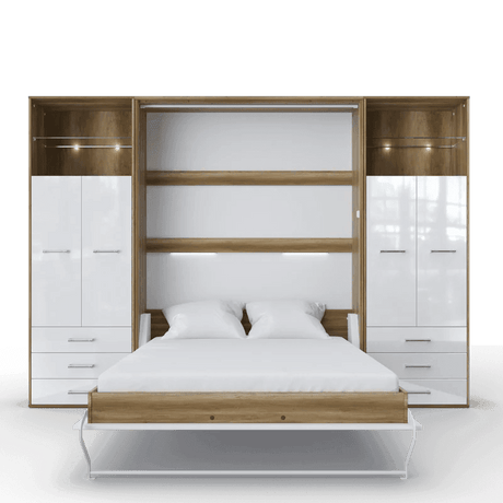 Invento Vertical European Full XL Murphy Bed with Double Dual Cabinets, Drawers, LED Lights - Bedroom Depot USA