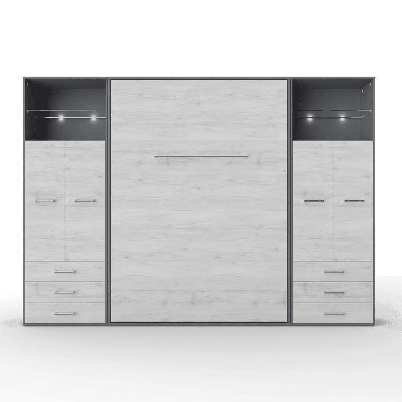 Invento Vertical European Full XL Murphy Bed with Double Dual Cabinets, Drawers, LED Lights - Bedroom Depot USA