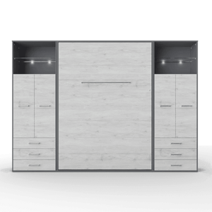 Invento Vertical European Full XL Murphy Bed with Double Dual Cabinets, Drawers, LED Lights - Bedroom Depot USA