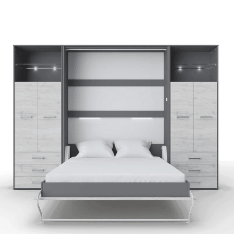 Invento Vertical European Full XL Murphy Bed with Double Dual Cabinets, Drawers, LED Lights - Bedroom Depot USA