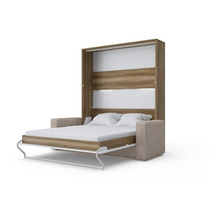 Invento Vertical European Queen Murphy Bed in White and Oak with Couch in Beige - Bedroom Depot USA