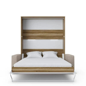 Invento Vertical European Queen Murphy Bed in White and Oak with Couch in Beige - Bedroom Depot USA