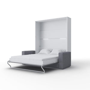 Invento Vertical European Queen Murphy Bed in White with Couch in Grey - Bedroom Depot USA
