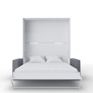 Invento Vertical European Queen Murphy Bed in White with Couch in Grey - Bedroom Depot USA