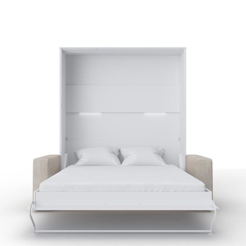 Invento Vertical European Queen Murphy Bed in White with Sofa in Beige - Bedroom Depot USA