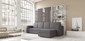 Invento Vertical European Queen Murphy Bed with Bookcase in White and Grey and Sectional Sofa in Grey - Bedroom Depot USA