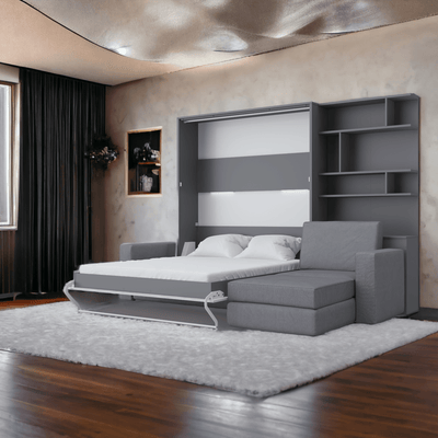 Maxima House Invento European Queen Vertical Murphy Bed with Couch and Bookcase at Bedroom Depot USA 