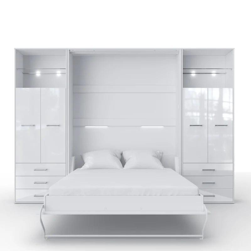 Invento Vertical European Queen Murphy Bed with Double Dual Cabinets, Drawers, LED Lights - Bedroom Depot USA