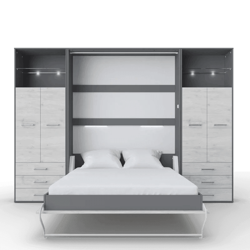 Invento Vertical European Queen Murphy Bed with Double Dual Cabinets, Drawers, LED Lights - Bedroom Depot USA
