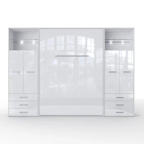 Invento Vertical European Queen Murphy Bed with Double Dual Cabinets, Drawers, LED Lights - Bedroom Depot USA