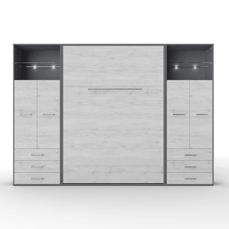 Invento Vertical European Queen Murphy Bed with Double Dual Cabinets, Drawers, LED Lights - Bedroom Depot USA