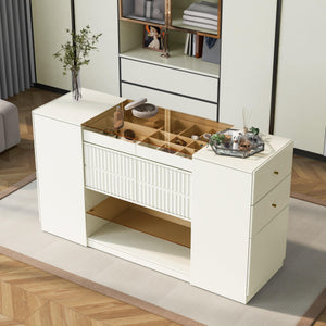 Island Vanity Dresser, Walk-in-Wardrobe with Brown Glass Top, Cream White