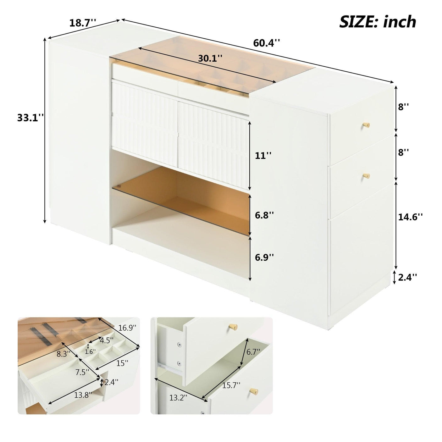 Island Vanity Dresser, Walk-in-Wardrobe with Brown Glass Top, Cream White