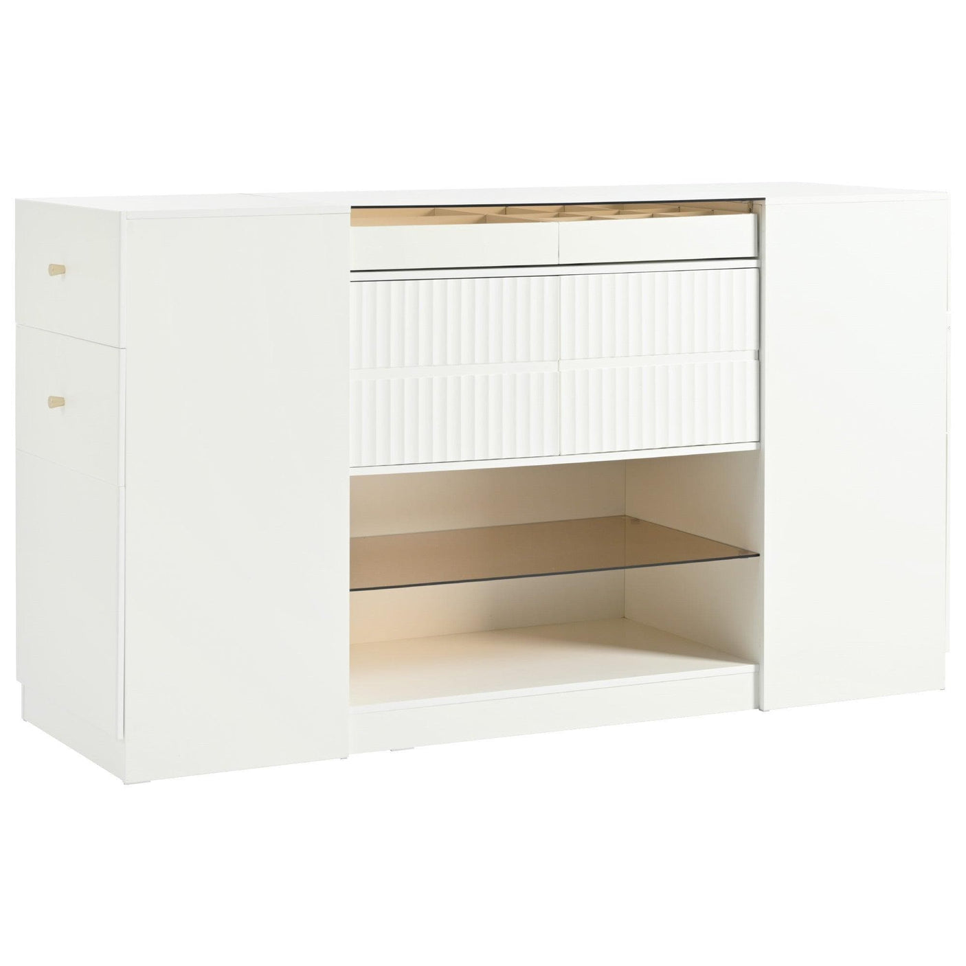 Island Vanity Dresser, Walk-in-Wardrobe with Brown Glass Top, Cream White