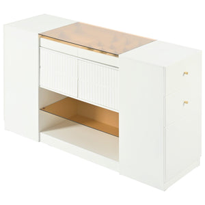 Island Vanity Dresser, Walk-in-Wardrobe with Brown Glass Top, Cream White