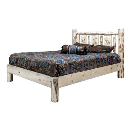 Montana Collection King Platform Bed w/ Laser Engraved, Clear Lacquer Finish - Bedroom Depot USA