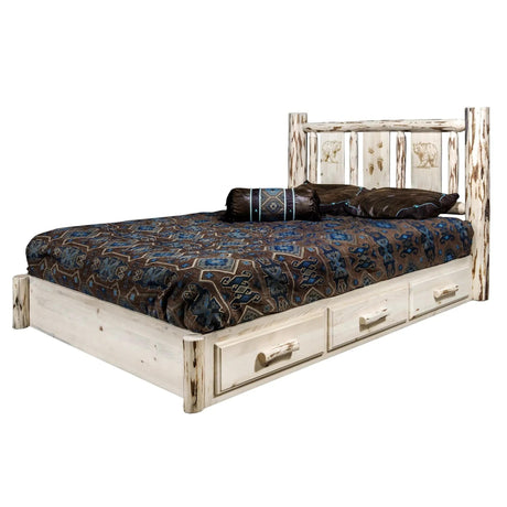 Montana Collection Platform Bed w/ Storage, King w/ Laser Engraved, Clear Lacquer Finish - Bedroom Depot USA