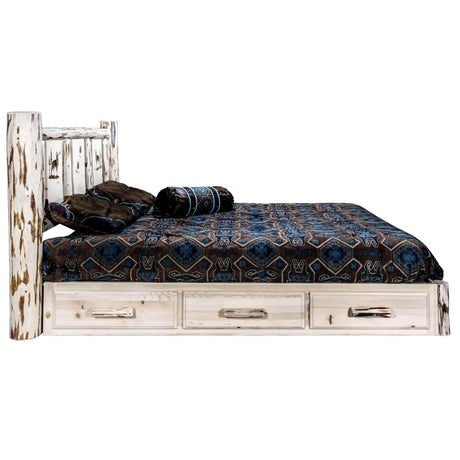 Montana Collection Platform Bed w/ Storage, King w/ Laser Engraved, Clear Lacquer Finish - Bedroom Depot USA