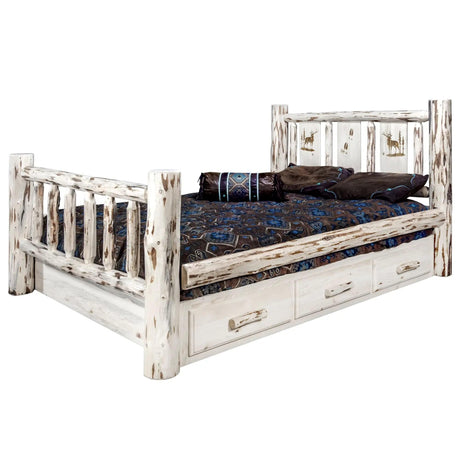 Montana Collection Queen Storage Bed w/ Laser Engraved, Clear Lacquer Finish - Bedroom Depot USA