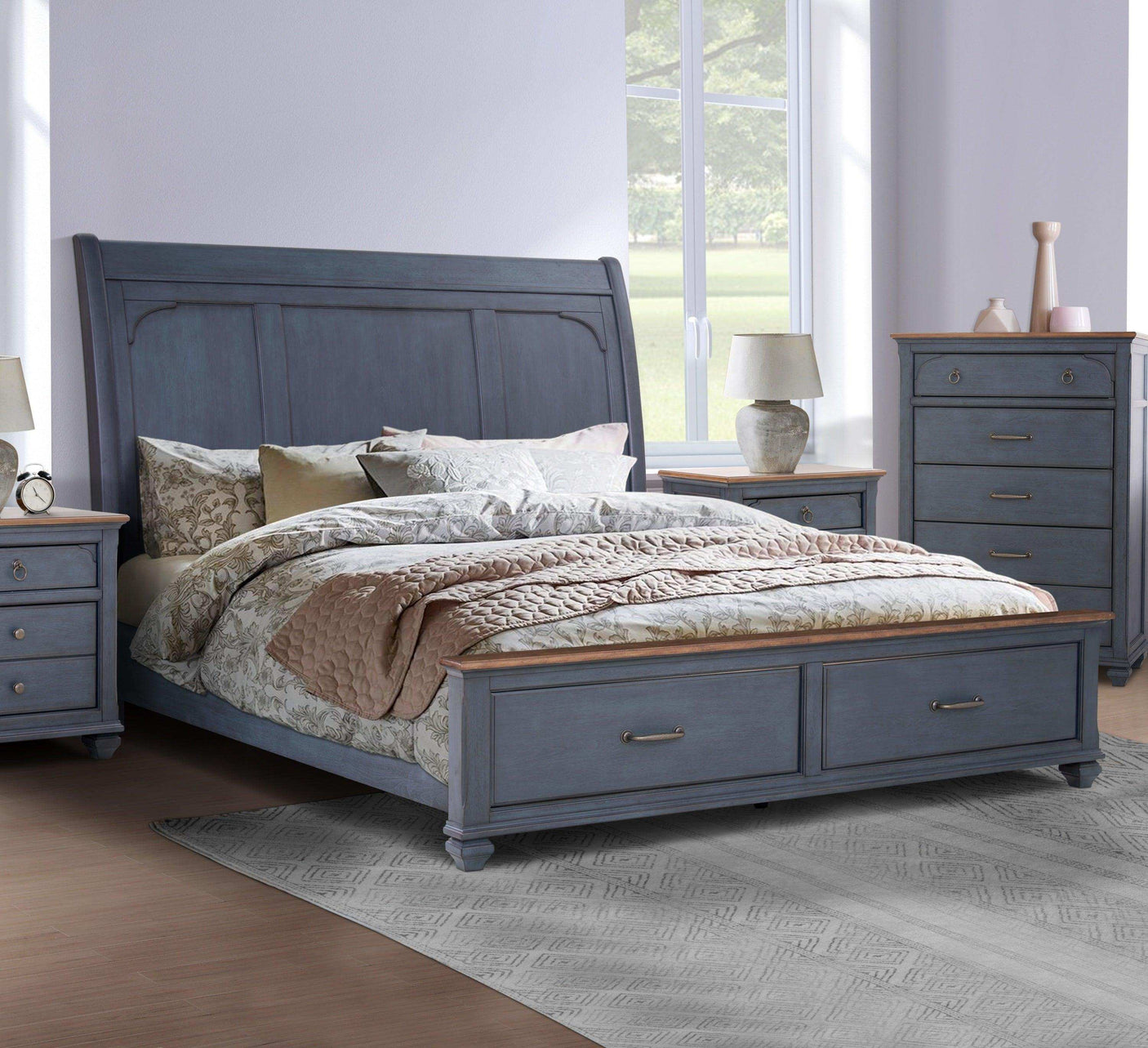 Sleigh Storage Bed, Americana Sleigh Bed, 2 Drawers, USB, Corduroy Blue