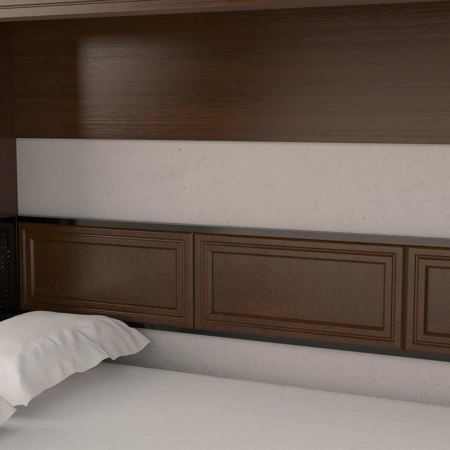 Queen size horizontal walnut Murphy bed with desk and panel headboard