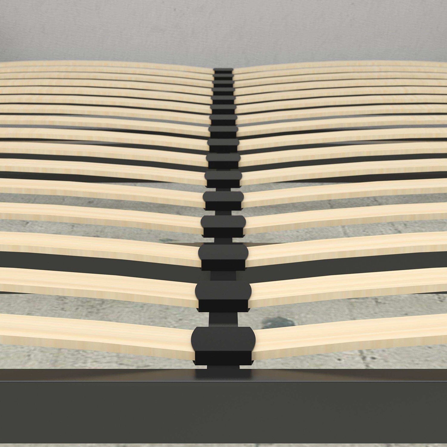 Close-up of wooden slats and metal frame of a queen Murphy bed base, bedroom furniture